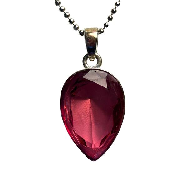 Deep Red Pink Translucent Teardrop Pendant on Sterling Ball Bead Chain 18” - Picture 6 of 10